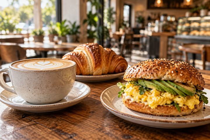 Latte and breakfast sandwich at a neighborhood cafe